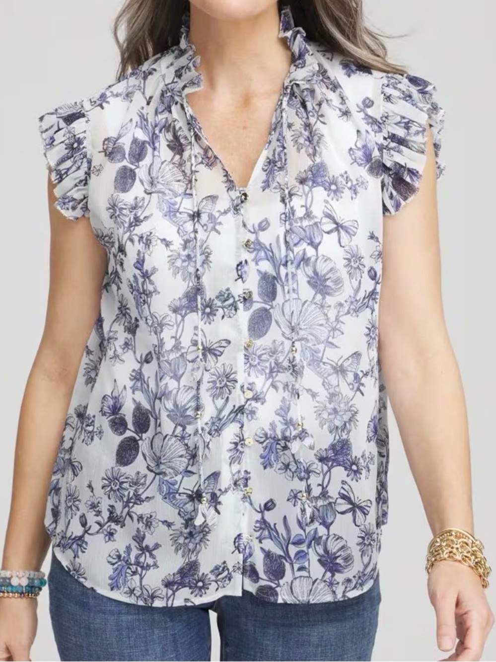 Chico's White Sleeveless Floral Button-Front Top with Blue Print NWT US Size XL